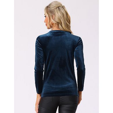 Women's Casual Round Neck Long Sleeves Stretchy Velvet Blouse