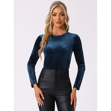 Women's Casual Round Neck Long Sleeves Stretchy Velvet Blouse