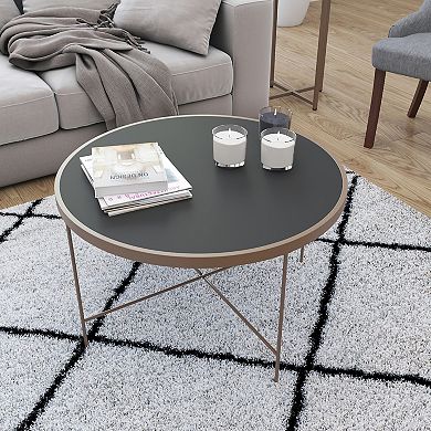 Merrick Lane Harriet Tempered Glass Coffee Table with Round Metal Frame