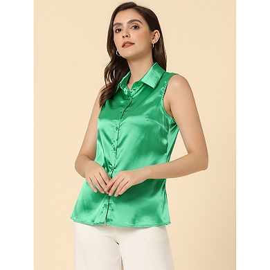 Satin Work Blouses for Women's Collar Sleeveless Button Down Shirts