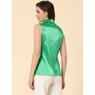 Satin Work Blouses for Women's Collar Sleeveless Button Down Shirts