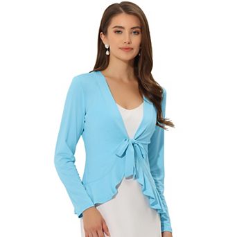 Women's Tie Open Front Long Sleeve Knit Metallic Ruffled Crop Cardigan