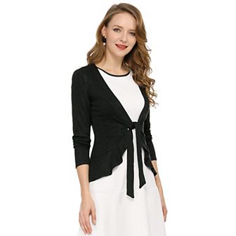 Women's Tie Open Front Long Sleeve Knit Metallic Ruffled Crop Cardigan
