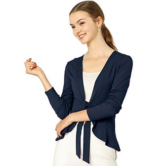 Women's Tie Open Front Long Sleeve Knit Metallic Ruffled Crop Cardigan