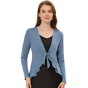 Women's Tie Open Front Long Sleeve Knit Metallic Ruffled Crop Cardigan