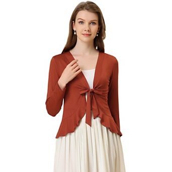 Women's Tie Open Front Long Sleeve Knit Metallic Ruffled Crop Cardigan