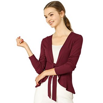 Women's Tie Open Front Long Sleeve Knit Metallic Ruffled Crop Cardigan