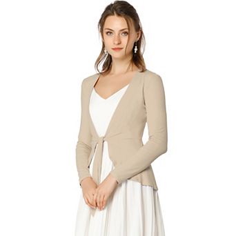 Women's Tie Open Front Long Sleeve Knit Metallic Ruffled Crop Cardigan