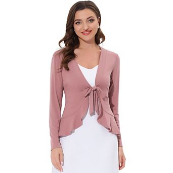 Women's Tie Open Front Long Sleeve Knit Metallic Ruffled Crop Cardigan