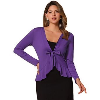 Women's Tie Open Front Long Sleeve Knit Metallic Ruffled Crop Cardigan