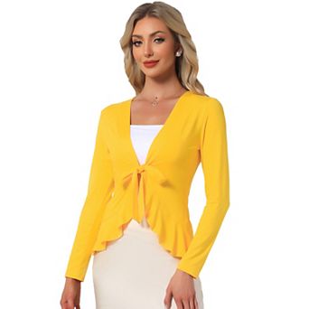 Women's Tie Open Front Long Sleeve Knit Metallic Ruffled Crop Cardigan