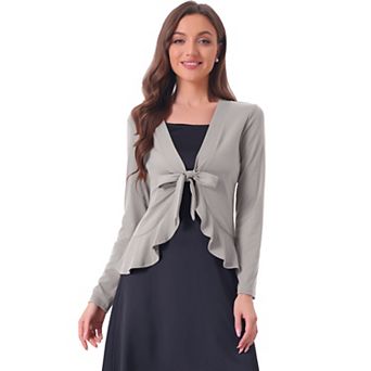 Women's Tie Open Front Long Sleeve Knit Metallic Ruffled Crop Cardigan