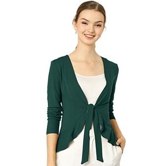 Women's Tie Open Front Long Sleeve Knit Metallic Ruffled Crop Cardigan