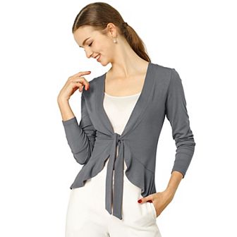 Women's Tie Open Front Long Sleeve Knit Metallic Ruffled Crop Cardigan