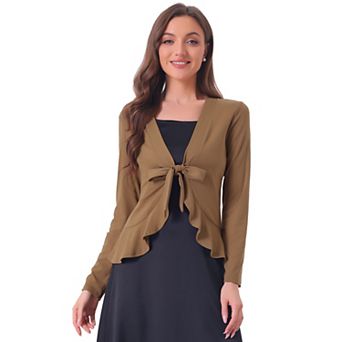 Women's Tie Open Front Long Sleeve Knit Metallic Ruffled Crop Cardigan