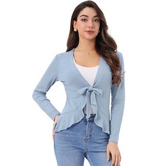 Women's Tie Open Front Long Sleeve Knit Metallic Ruffled Crop Cardigan