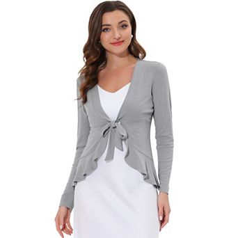 Women's Tie Open Front Long Sleeve Knit Metallic Ruffled Crop Cardigan