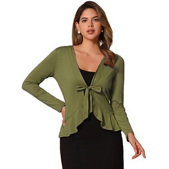 Women's Tie Open Front Long Sleeve Knit Metallic Ruffled Crop Cardigan