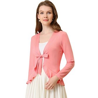 Women's Tie Open Front Long Sleeve Knit Metallic Ruffled Crop Cardigan