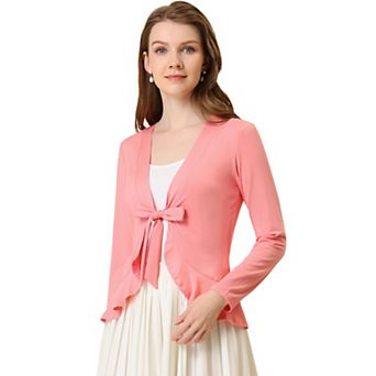 Women's Tie Open Front Long Sleeve Knit Metallic Ruffled Crop Cardigan