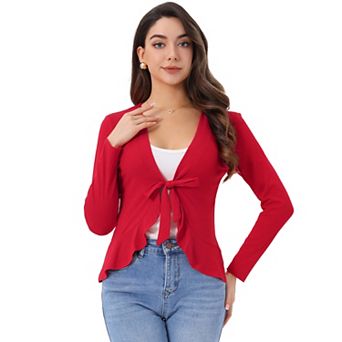 Women's Tie Open Front Long Sleeve Knit Metallic Ruffled Crop Cardigan