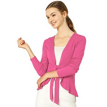Women's Tie Open Front Long Sleeve Knit Metallic Ruffled Crop Cardigan