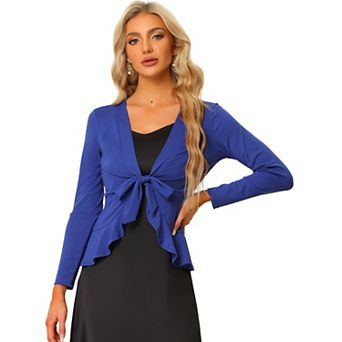 Women's Tie Open Front Long Sleeve Knit Metallic Ruffled Crop Cardigan