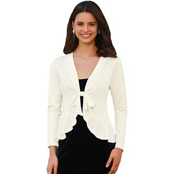 Women's Tie Open Front Long Sleeve Knit Metallic Ruffled Crop Cardigan