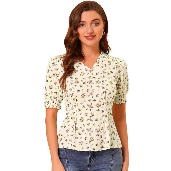 Women's V Neck Short Sleeves Tops Button Decor Floral Blouse