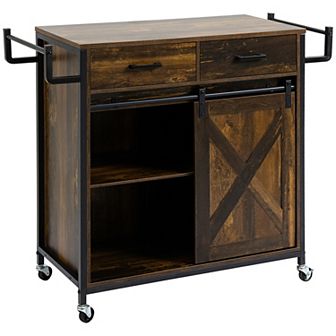 Farmhouse Kitchen Rolling Island Cart W/ Adjustable Shelf, Towel Rack & Drawers