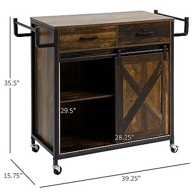 Farmhouse Kitchen Rolling Island Cart W/ Adjustable Shelf, Towel Rack & Drawers