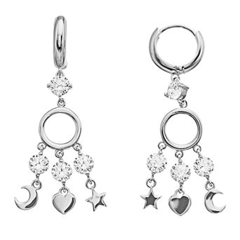 Rosabella Sterling Silver Cubic Zirconia Moon, Star & Heart Dangle Earrings