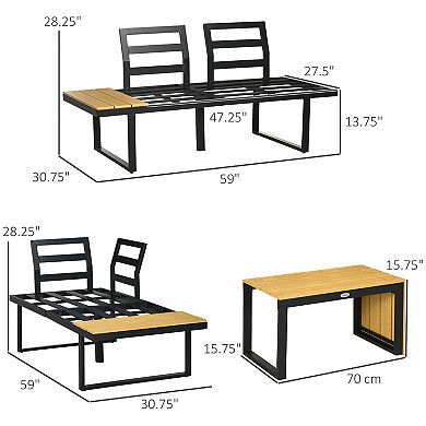 Outsunny 3 Piece Patio Furniture Set, Outdoor Sofa Set with Chaise Lounge & Loveseat, Soft Cushions, Woodgrain Plastic Table, L-Shaped Sectional Couch, Dark Gray