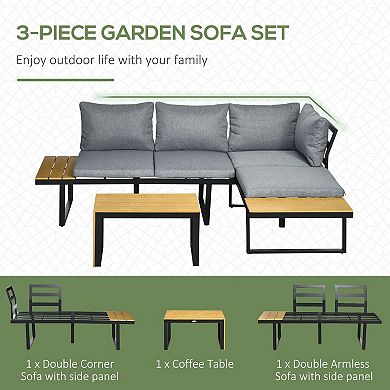 Outsunny 3 Piece Patio Furniture Set, Outdoor Sofa Set with Chaise Lounge & Loveseat, Soft Cushions, Woodgrain Plastic Table, L-Shaped Sectional Couch, Dark Gray