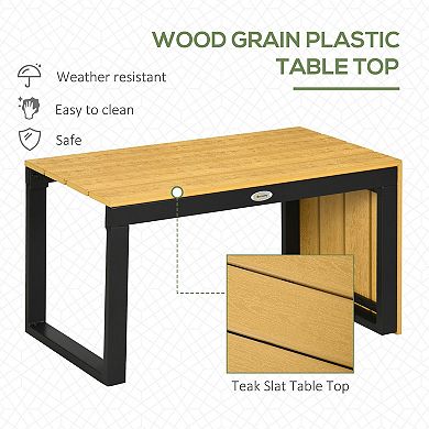 Outsunny 3 Piece Patio Furniture Set, Outdoor Sofa Set with Chaise Lounge & Loveseat, Soft Cushions, Woodgrain Plastic Table, L-Shaped Sectional Couch, Dark Gray