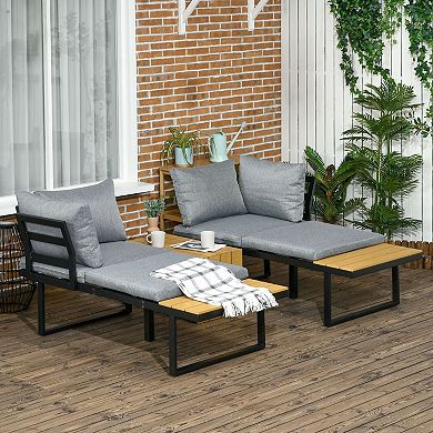 Outsunny 3 Piece Patio Furniture Set, Outdoor Sofa Set with Chaise Lounge & Loveseat, Soft Cushions, Woodgrain Plastic Table, L-Shaped Sectional Couch, Dark Gray