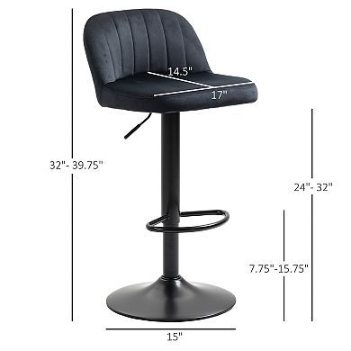 HOMCOM Adjustable Bar Stools Set of 2, Velvet Counter Height Barstool, Upholstered Kitchen Stool with Swivel Seat, Steel Frame, Footrest, ‎Black