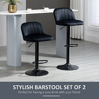 HOMCOM Adjustable Bar Stools Set of 2, Velvet Counter Height Barstool, Upholstered Kitchen Stool with Swivel Seat, Steel Frame, Footrest, ‎Black