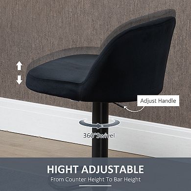 HOMCOM Adjustable Bar Stools Set of 2, Velvet Counter Height Barstool, Upholstered Kitchen Stool with Swivel Seat, Steel Frame, Footrest, ‎Black