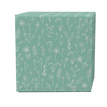 Napkin Set of 4, 100% Cotton, 20x20", Hand Drawn Doodle Flowers