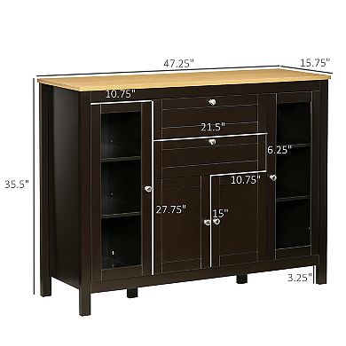 47" Modern Kitchen Buffet Storage Cabinet W/ Drawers & Adjustable Shelves, Brown