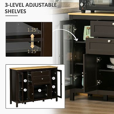 47" Modern Kitchen Buffet Storage Cabinet W/ Drawers & Adjustable Shelves, Brown