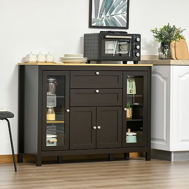 47" Modern Kitchen Buffet Storage Cabinet W/ Drawers & Adjustable Shelves, Brown