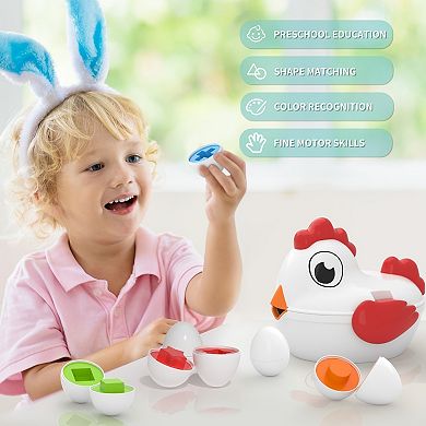 Toddler Chicken Easter Eggs Toys - Color Matching Game Shape Sorter With 6 Toy Eggs For Kids - Montessori Educational Toys Easter Gifts For Boys and Girls