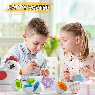 Toddler Chicken Easter Eggs Toys - Color Matching Game Shape Sorter With 6 Toy Eggs For Kids - Montessori Educational Toys Easter Gifts For Boys and Girls
