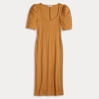 open lace back dress Puff Sleeve Ribbed Midi Dress