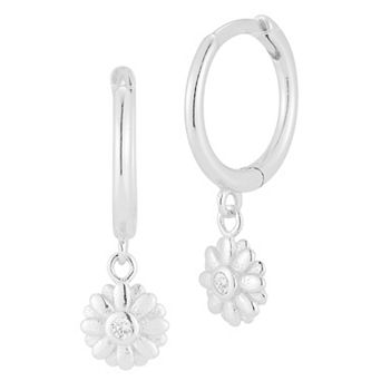 Sunkissed Sterling Cubic Zirconia Flower Charm Huggie Hoop Earrings