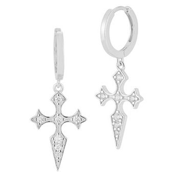 Sunkissed Sterling Cubic Zirconia Cross Charm Huggie Hoop Earrings
