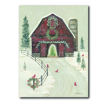 COURTSIDE MARKET Red Barn Christmas Scene Canvas Wall Art