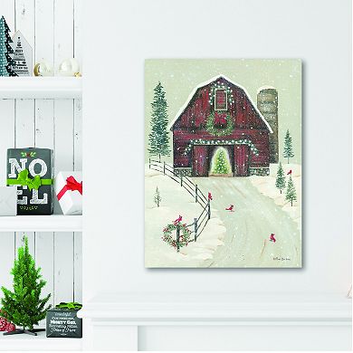 COURTSIDE MARKET Red Barn Christmas Scene Canvas Wall Art